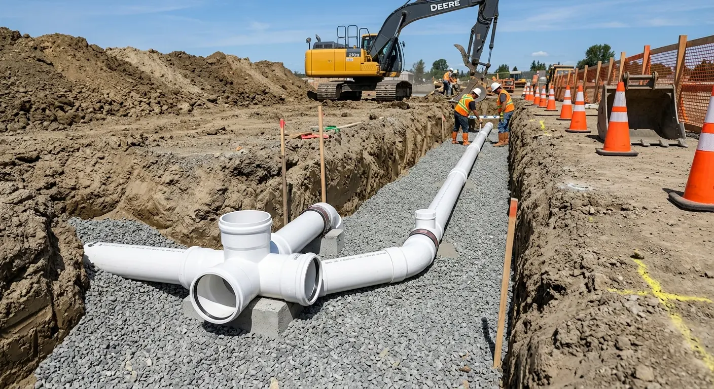 New PVC sewer pipe installation in open trench for Sewer Backup in Yorkville