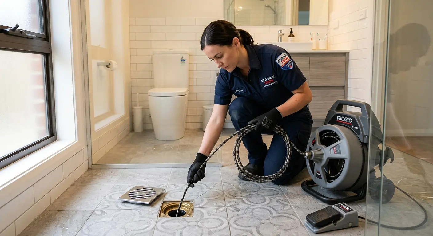 Technician clearing a bathroom floor drain for Sewer Line Replacement in Yorkville
